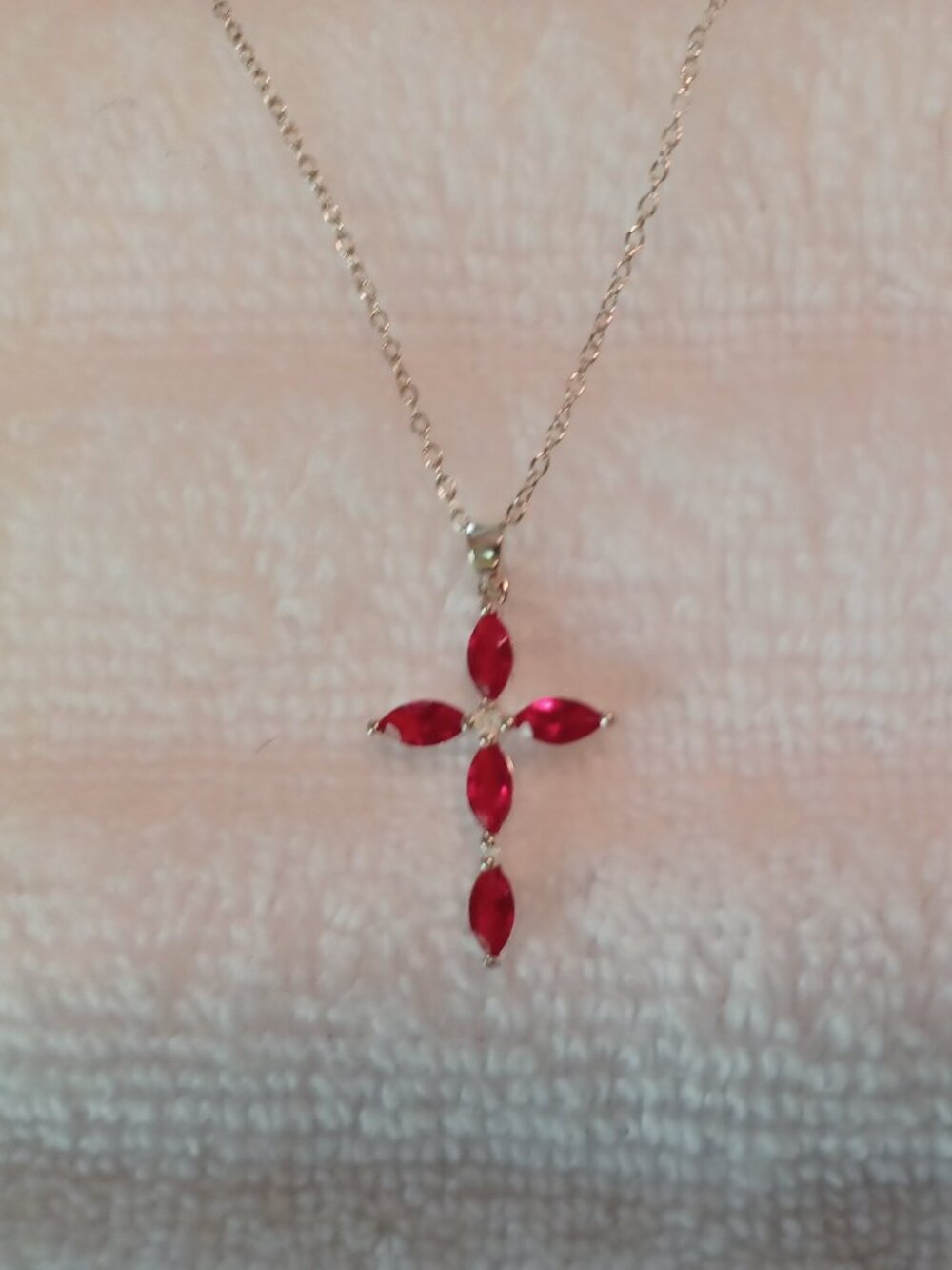 Vintage Cross Necklace with Red Gemstones on 18 Inch Italian Sterling Chain